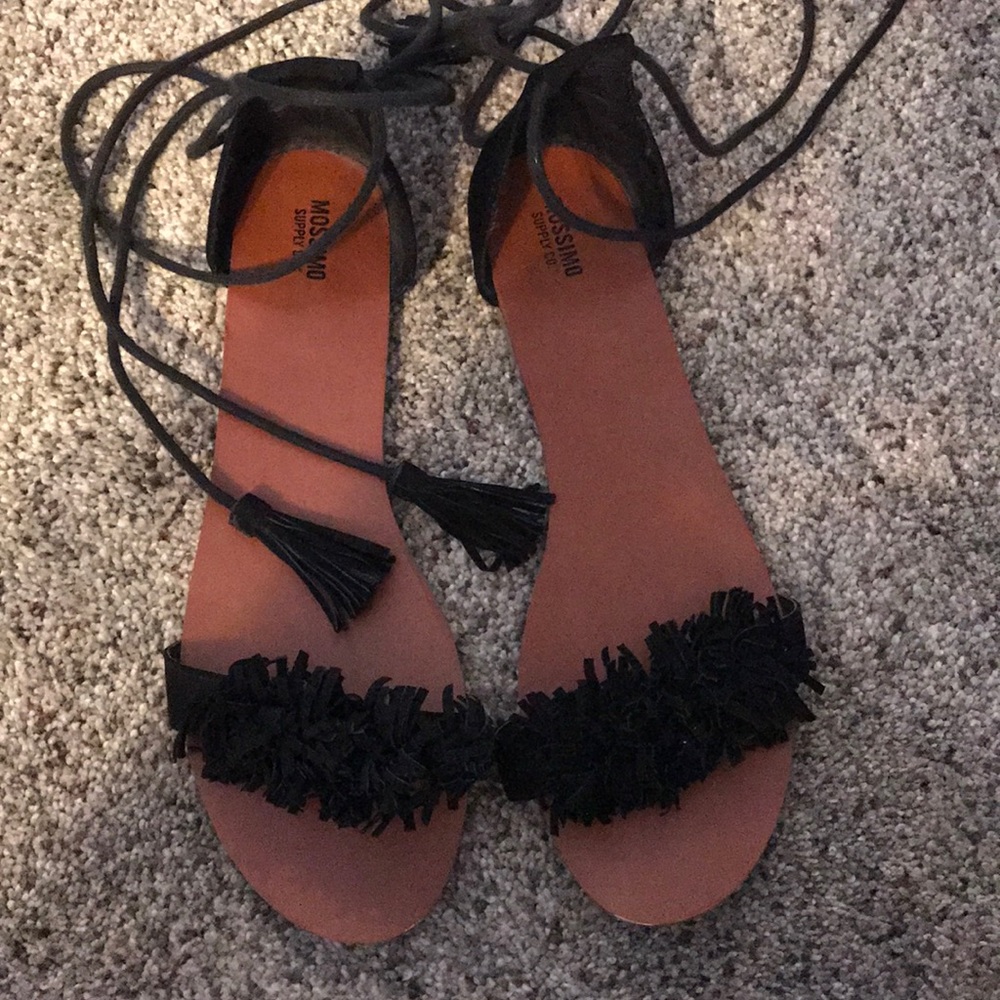 Black fringe wrap sandals